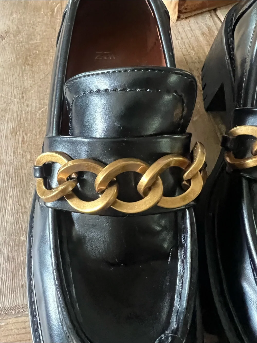 Zara woman’s Black Leather Loafers with Gold Chain